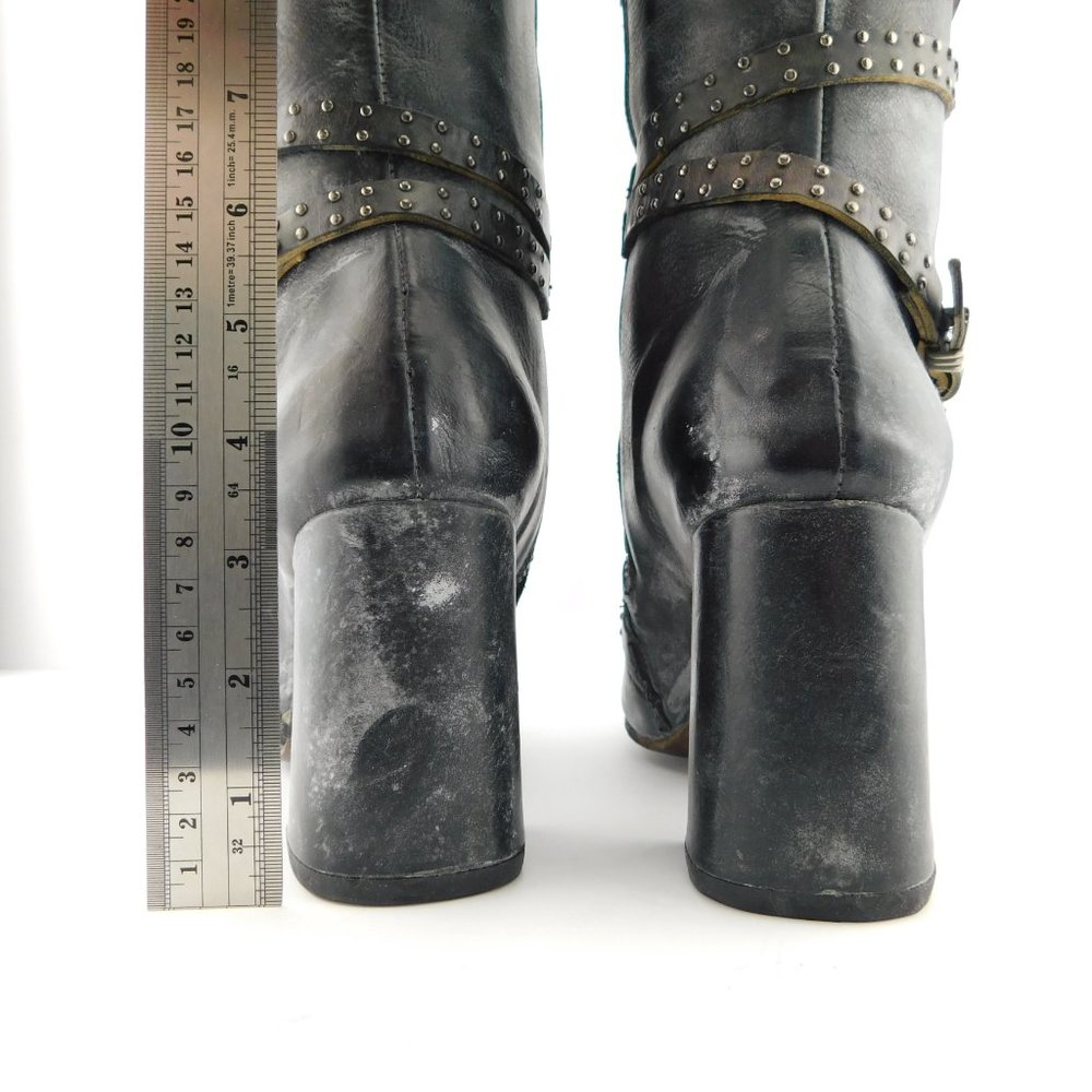 Unworn FREEBIRD Waxed Black Stud Detail Strap Buckle Block Heel Boots 8 - Picture 7 of 10